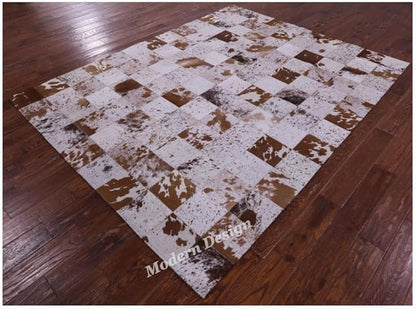 Modern Design Premium Cowhide Leather Carpet with Chevron Pattern, Area Rug (White/Brown, 2x3)