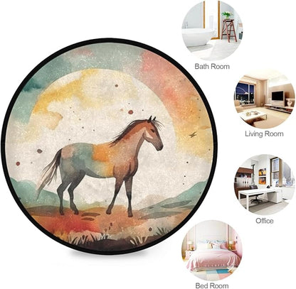 Round Washable Non-Slip Rug for Home & Office Soft Carpet for Living Room, Bedroom & Entryway Indoor/Outdoor Horse Watercolor Design Perfect for Dining Room Rubber Backed & Easy to Clean.