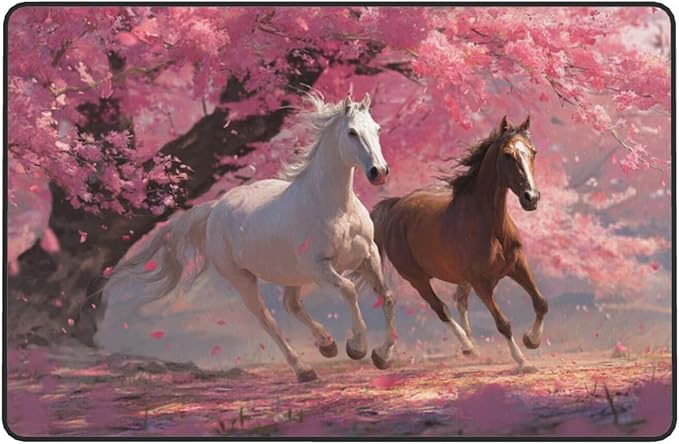 Galloping Horse Cherry Blossom Area Rug Washable Outdoor Rugs Anti-Slip Soft Carpet Entryway Indoor Door Mat for Bedroom,Living Room,Porch,Terrace and Entrance Decor 9'x 6'
