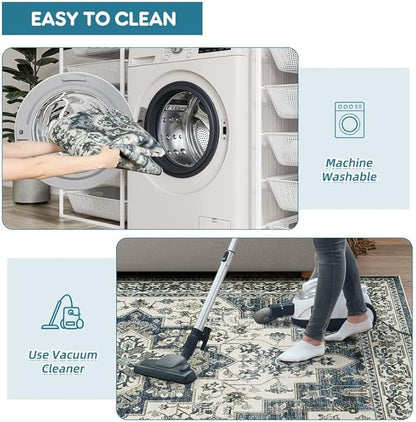 Dripex Vintage Washable Area Rug - 2x4 Indoor Door Mat Oriental Medallion Accent Throw Rug Distressed Foldable Non-Slip Low-Pile Bathroom Kitchen Rug for Entryway Laundry Room Living Room Bedroom