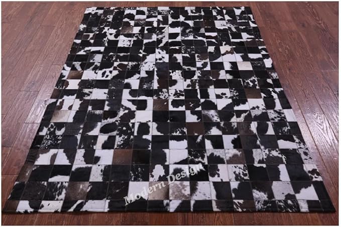 Modern Design Premium Cowhide Leather Carpet with Chevron Pattern, Area Rug (Brown/White-2, 5x8)