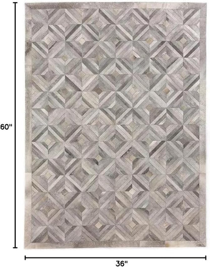 Premium Diamond Pattern Leather Area Rug, Geometric Cowhide Patchwork Carpet - 3X5 ft, Luxury Beige and Grey Non-Slip Floor Accent for Dining Room, Living Room, Hallway