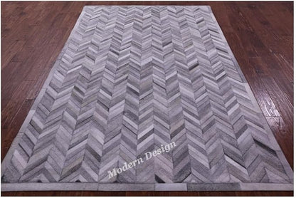 Modern Design Premium Cowhide Leather Carpet with Chevron Pattern, Area Rug (Natural Multi Grey, 2x3)