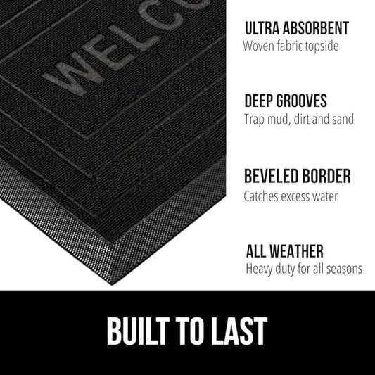 GORILLA GRIP 100% Waterproof All-Season WeatherMax Doormat, US Designed Natural Rubber, Stain and Fade Resistant, Low Profile Indoor Outdoor Door Mats, Easy Clean Patio Mat, 17x29, Black Welcome