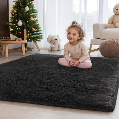 Zentavio Area Rugs for Living Room Small Carpet for Bedroom Black 3x5 Bedside Washable Soft Fluffy Shag Aesthetic Plush High Pile Throw Rug for Nursery Kids Room Dorm Room