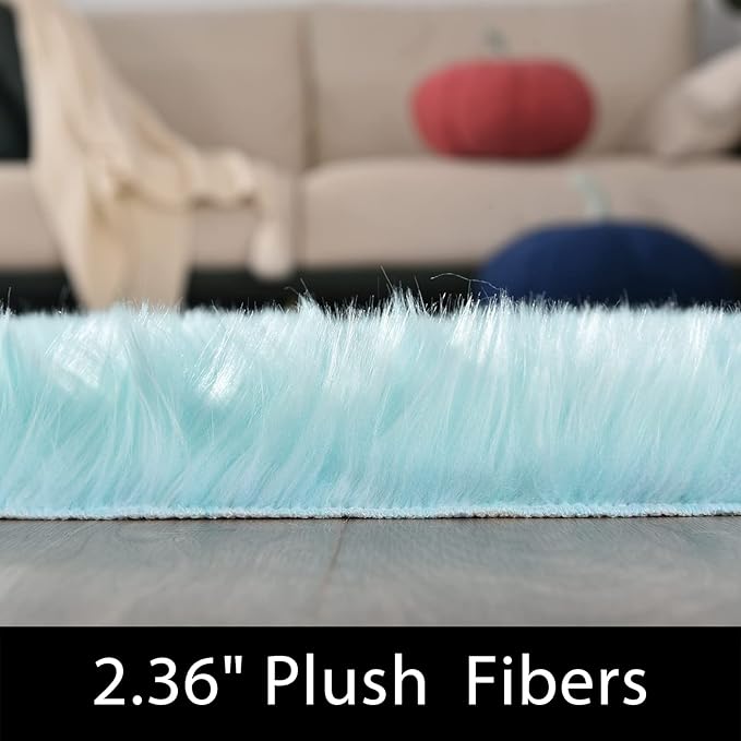 Latepis Light Blue Fur Round Rug 3ft Faux Sheepskin Circle Rug for Living Room Boho Rugs Bedroom Rugs Fluffy Rug for Teen Room Dorm Cute Room Décor