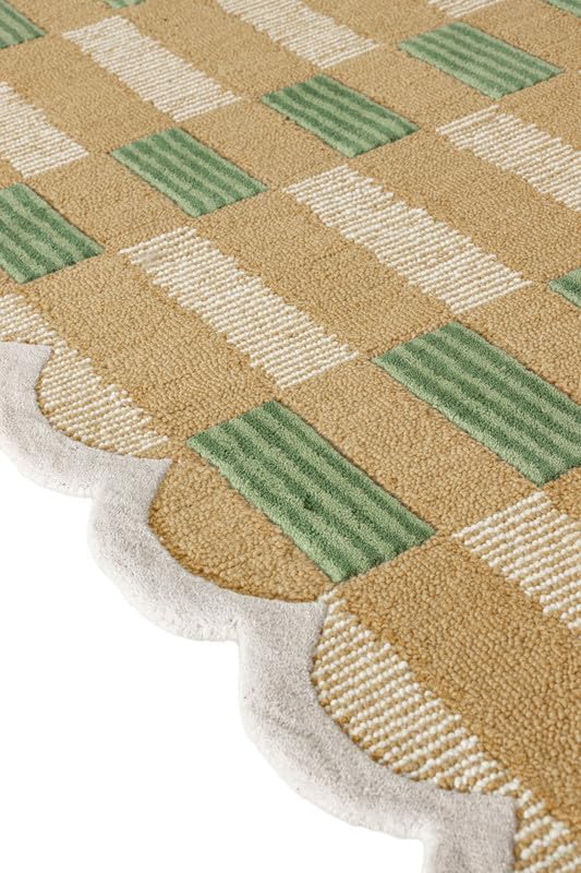 Hand-Tufted Wool Area Rug with Scalloped Edges, Beige and Green Plaid Pattern, Cozy and Soft Accent Rug for Living Room, Bedroom, and Nursery, Handmade Decorative Rug, 2x3 Ft
