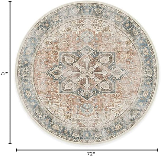 RUGGABLE Washable Vintage Area Rug – Kamran Coral 6 ft Round, Stain-Resistant, Non-Slip – Medium Machine Washable Rugs for Living Room, Bedroom, Hallway, Entryway & Office–with Cushioned Pad