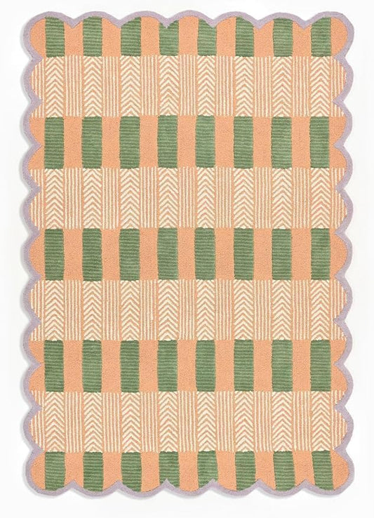 Handmade Scalloped Wool Area Rug - Modern Geometric Pattern, Green-Beige Stripes, Checkered Chevron Design - Soft, Durable Thick Carpet for Living Room, Bedroom (Beige, 8' x 10')