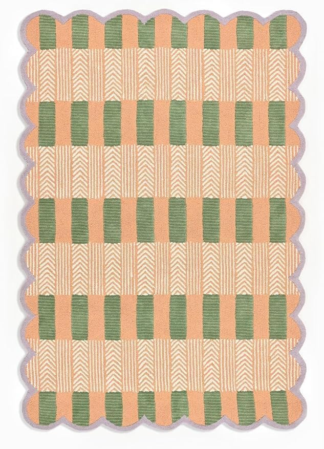 Handmade Scalloped Wool Area Rug - Modern Geometric Pattern, Green-Beige Stripes, Checkered Chevron Design - Soft, Durable Thick Carpet for Living Room, Bedroom (Beige, 4' x 6')