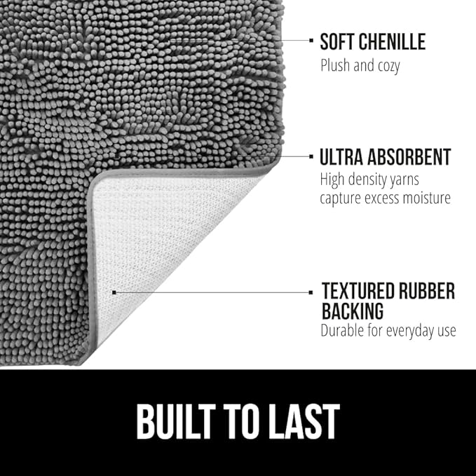 GORILLA GRIP Bath Rug Mat 60x17, Thick Soft Absorbent Chenille, Quick Dry Microfiber Mats, Rubber Backing Washable Shower Floor Rugs, Bathmat Runner, US Designed Bathroom Home Decor Accessories Grey