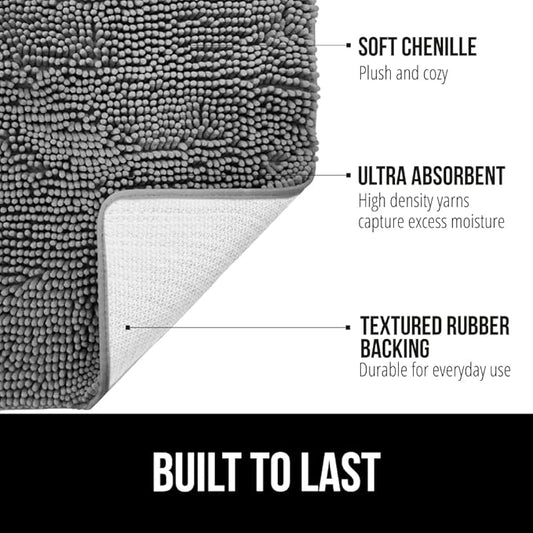 GORILLA GRIP Bath Rug Mat 60x17, Thick Soft Absorbent Chenille, Quick Dry Microfiber Mats, Rubber Backing Washable Shower Floor Rugs, Bathmat Runner, US Designed Bathroom Home Decor Accessories Grey