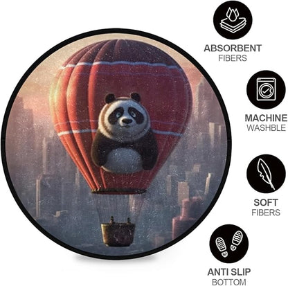Round Non-Slip Area Rug Washable & Soft for Indoor/Outdoor Use Panda Hot Air Balloon Design Perfect Room Decor for Living Room, Bedroom, Office, Entryway & Bedside
