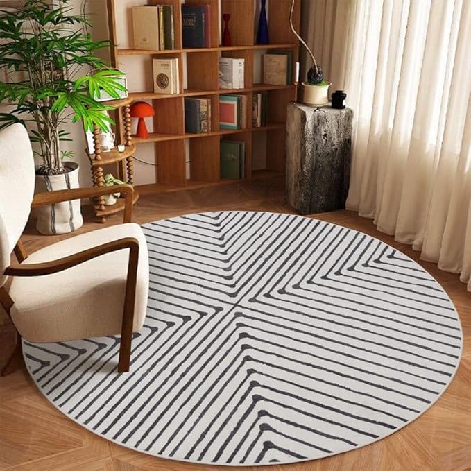 GLN Rugs Contemporary Collection - Machine Washable Area Rug, Contemporary Washable, Non Slip, Low Pile Chenille Rug, Living Room, Bedroom, Kitchen Rug (5'3" Round Black Beige)