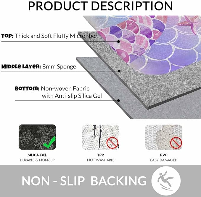 Mermaid Tail in Watercolor Bath Rugs for Bathroom Durable Flannel Bath Rug Clearance Mats for Forlaundry Room and Kitchen Decor Carpt Washable 15.7 x 23.6 Inch