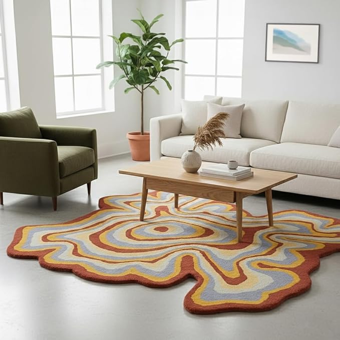 Irregular Shaped Handmade Wool Area Rug | Modern Colourful Stripe Premium Carpet | Perfect for Living Room, Bedroom, Dining Room & Home Decor (Desert, 7x7 ft)