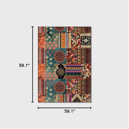 Vintage Boho Area Rugs Multicolor Ethnic Style Geometric Splicing Carpets Bedroom Living Room Kitchen Floor Mats Indoor Outdoor Non-Shedding Runner Rug Home Décor Carpet 5' X 5'