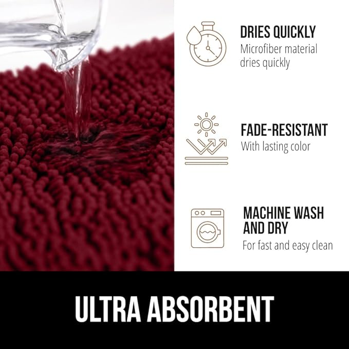 GORILLA GRIP Plush Absorbent Shaggy Chenille Bath Rug Mat for Square Toilet Base with Rubber Backing, Machine Washable Rugs, Soft Microfiber Contour Mats for Toilets, Bathroom Decor, Burgundy