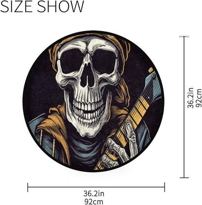 Washable Non-Slip Round Rug with Grinning Skull Electric Bass Design Perfect for Indoor & Outdoor Decor, Living Room, Bedroom, Dorm Room, and Office.
