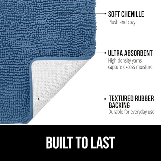GORILLA GRIP Bath Rug Mat 60x24, Thick Soft Absorbent Chenille, Quick Dry Microfiber Mats, Rubber Backing Washable Shower Floor Rugs, Bathmat Runner, US Designed Bathroom Home Decor Accessories Blue