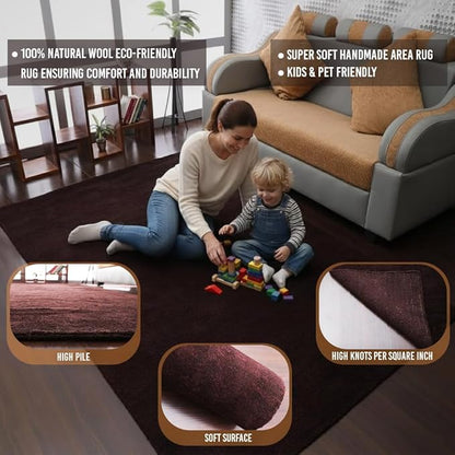 Hand Knotted Loom Wool ECO-Friendly Area Rugs - 6'7''x9'10'', Rectangle, Brown Color, Solid Plain Design, High Pile Thick Handmade Anti Skid Rugs for Living Room (L00111)