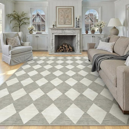 8x10 Checkered Area Rugs for Living Room Grey Machine Washable Large Rug Non-Slip Stain Resistant Low Pile Boho Accent Indoor Throw Carpet for Bedroom Dining Room Home Aesthetic Decor