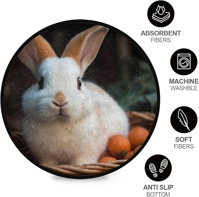 Soft and Cozy 3ft Small Round Rug Non-Slip, Washable Indoor/Outdoor Rug for Home Decor Adorable Bunny Eating Carrot Picnic Basket Print.