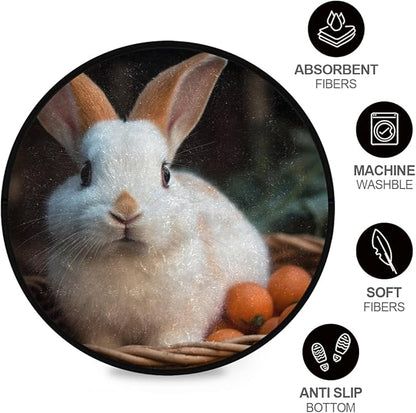 Soft and Cozy 3ft Small Round Rug Non-Slip, Washable Indoor/Outdoor Rug for Home Decor Adorable Bunny Eating Carrot Picnic Basket Print.