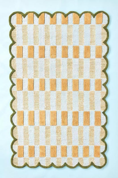 Hand-Tufted Wool Area Rug with Scalloped Edges, Beige and Green Plaid Pattern, Cozy and Soft Accent Rug for Living Room, Bedroom, and Nursery, Handmade Decorative Rug