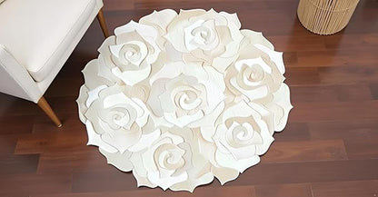 Round Floral Area Rug – Elegant Textured Rose Design – Soft Decorative Circle Mat with Non-Slip Backing for Living Room, Bedroom, Nursery, or Entryway (White_6x6 ft)