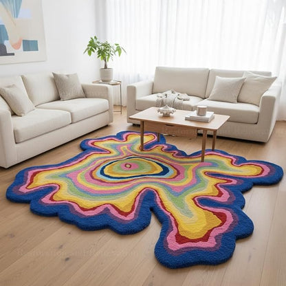 Irregular Shaped Handmade Wool Rug | Modern Colourful Stripe Premium Area Rug Perfect for Home Decor (IR-C, 7x7 ft)