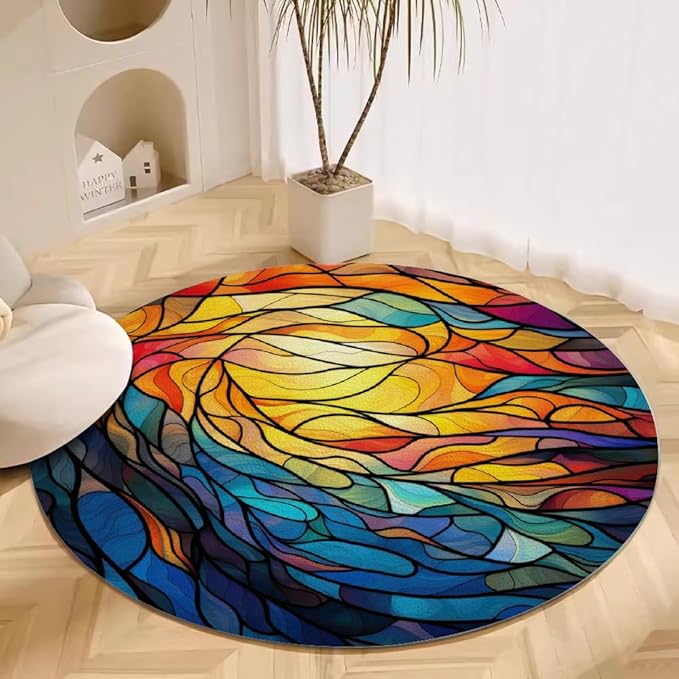 Abstract Colorful Pattern Round Rug Vintage Church Glass Area Rug Washable Soft Non-Slip Floor Carpet Low Pile Accent Rugs for Entryway Living Room Dining Room Bedroom Home Office 7ft