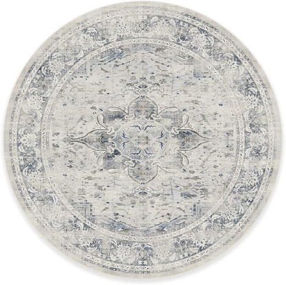 RUGGABLE Washable Vintage Area Rug – Sarrah Blue Quartz 8 ft Round, Stain-Resistant, Non-Slip – Large Machine Washable Rugs for Living Room, Bedroom, Hallway, Entryway & Office–with Cushioned Pad