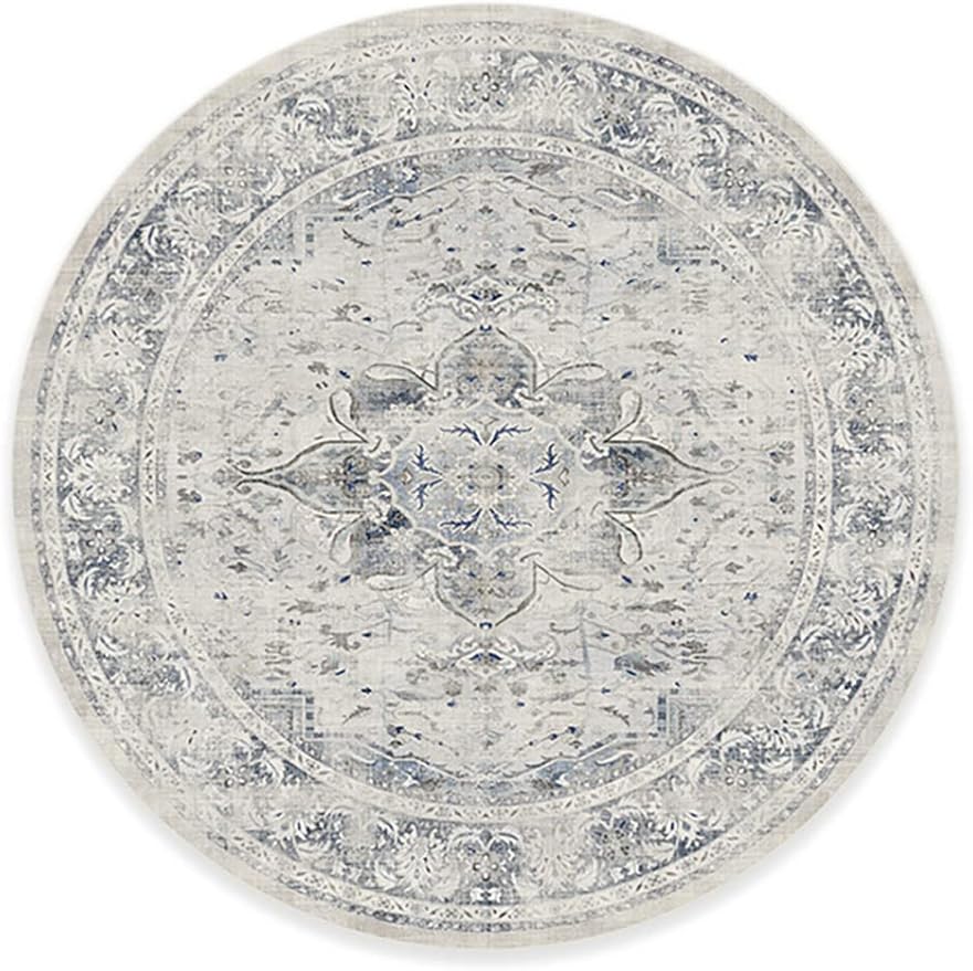 RUGGABLE Washable Vintage Area Rug – Sarrah Blue Quartz 8 ft Round, Stain-Resistant, Non-Slip – Large Machine Washable Rugs for Living Room, Bedroom, Hallway, Entryway & Office–with Standard Pad