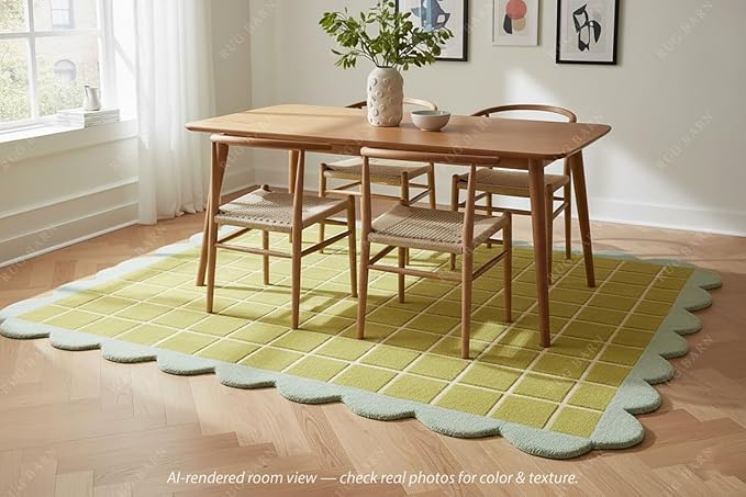Checkered Wool Area Rug with Scalloped Border, Chartreuse Green & Cream Grid, Hand-Tufted, Soft Cut Pile, Modern Cottagecore Living Room, Bedroom & Nursery Carpet - 9x12 Ft