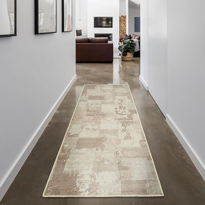 GLN Rugs Contemporary Collection - Machine Washable Area Rug, Contemporary Washable, Non Slip, Low Pile Chenille Rug, Living Room, Bedroom, Kitchen Rug (2'6" x 7' Abstract Tan)
