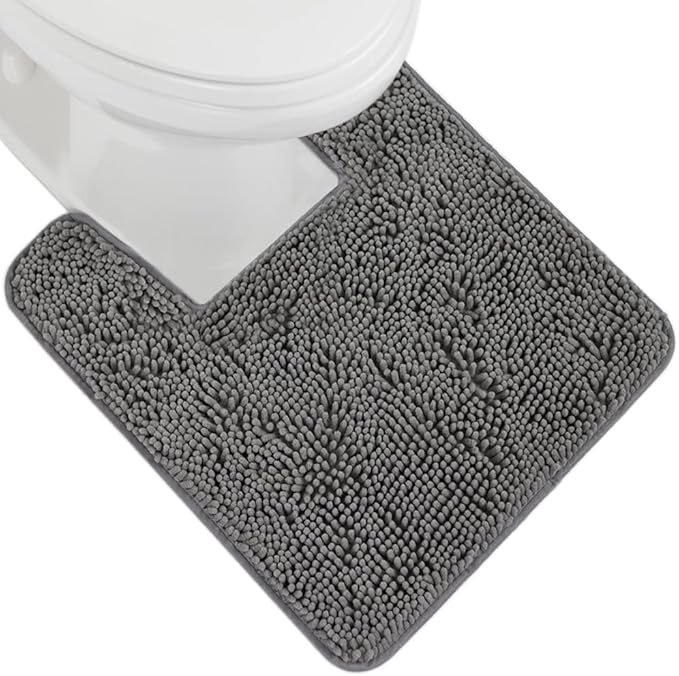 GORILLA GRIP Plush Absorbent Shaggy Chenille Bath Rug Mat for Square Toilet Base with Rubber Backing, Machine Washable Rugs, Soft Microfiber Contour Mats for Toilets, Bathroom Decor, Grey