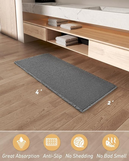 Upgraded Waffle Runner Rug Super Absorbent Non Slip Bath Mats for Bathroom Floor Machine Washable Bathroom Runner Rug with Tassels, Ideal for Hallway Bedroom Laundry Room, Dark Grey, 2'x 4'（24" x 48")