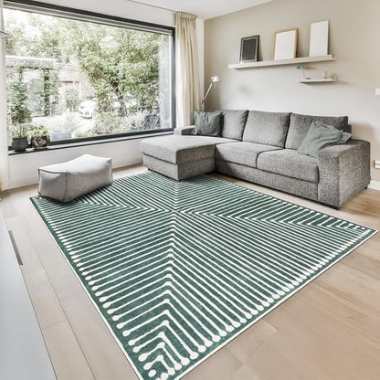 GLN Rugs Contemporary Collection - Machine Washable Area Rug, Contemporary Washable, Non Slip, Low Pile Chenille Rug, Living Room, Bedroom, Kitchen Rug (6' x 9' Beige Green)