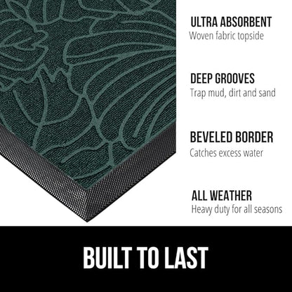 GORILLA GRIP 100% Waterproof All-Season WeatherMax Doormat 35x23, US Designed Natural Rubber, Stain and Fade Resistant, Low Profile Indoor Outdoor Door Mats, Easy Clean Patio Mat, Green Palm