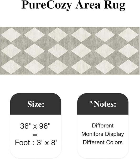 3x8 Runner Checkered Rug for Hallways Grey Washable Long Carpet Non-Slip Low Pile Boho Indoor Accent Throw Rug for Entrance Kitchen Bedroom Dining Laundry