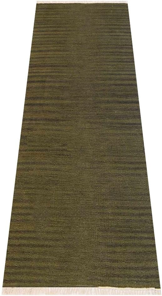 Rugsotic Carpets Hand Woven Flat Weave Kilim Wool ECO-Friendly Area Rugs - 2'6''x8', Runner Shape, Olive Color, Solid Plain Design, Low Pile Handmade Area Rugs for Living Room, Bed Room (D00111)