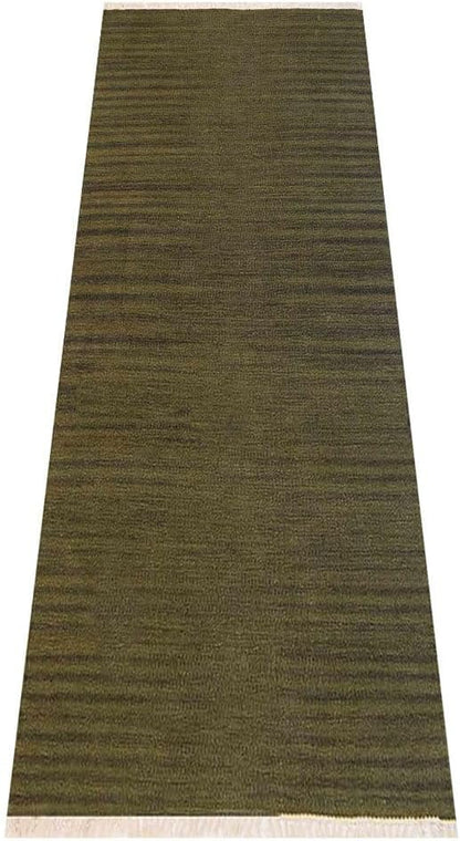 Rugsotic Carpets Hand Woven Flat Weave Kilim Wool ECO-Friendly Area Rugs - 2'6''x8', Runner Shape, Olive Color, Solid Plain Design, Low Pile Handmade Area Rugs for Living Room, Bed Room (D00111)