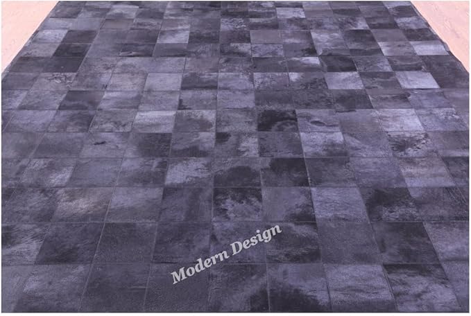 Modern Design Premium Cowhide Leather Carpet with Chevron Pattern, Area Rug (Black, 8x10)