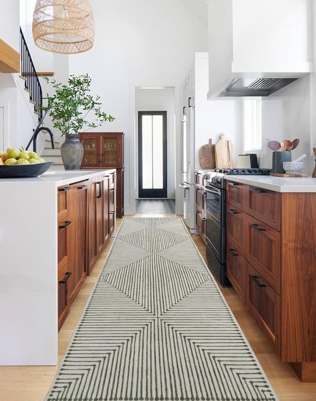 GLN Rugs Contemporary Collection - Machine Washable Area Rug, Contemporary Washable, Non Slip, Low Pile Chenille Rug, Living Room, Bedroom, Kitchen Rug (2'6" x 7' Green Beige)