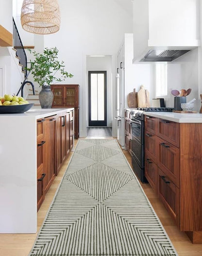 GLN Rugs Contemporary Collection - Machine Washable Area Rug, Contemporary Washable, Non Slip, Low Pile Chenille Rug, Living Room, Bedroom, Kitchen Rug (2'6" x 7' Green Beige)