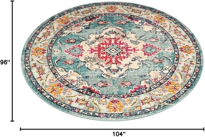 SAFAVIEH Monaco Collection Area Rug - 8'8" Round, Light Blue & Fuchsia, Boho Chic Medallion Distressed Design, Non-Shedding & Easy Care, Ideal for High Traffic Areas in Living Room, Bedroom (MNC243J)