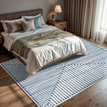 GLN Rugs Contemporary Collection - Machine Washable Area Rug, Contemporary Washable, Non Slip, Low Pile Chenille Rug, Living Room, Bedroom, Kitchen Rug (9' x 12' Blue Ivory)