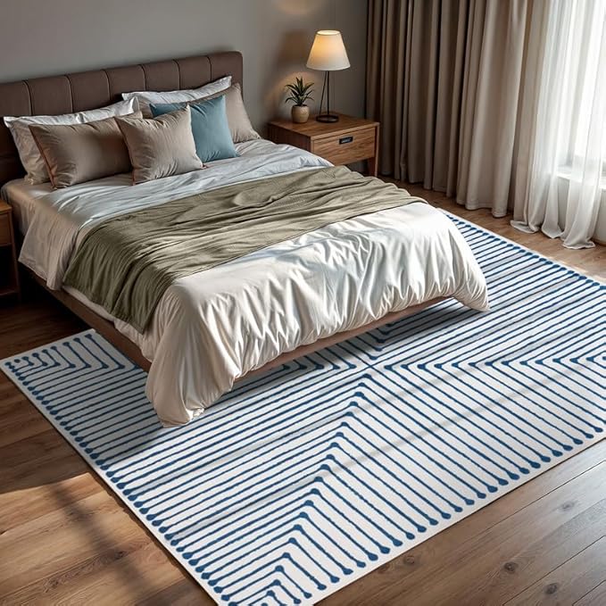 GLN Rugs Contemporary Collection - Machine Washable Area Rug, Contemporary Washable, Non Slip, Low Pile Chenille Rug, Living Room, Bedroom, Kitchen Rug (5' x 7' Blue Ivory)