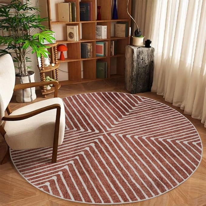 GLN Rugs Contemporary Collection - Machine Washable Area Rug, Contemporary Washable, Non Slip, Low Pile Chenille Rug, Living Room, Bedroom, Kitchen Rug (5'3" Round Beige Orange)
